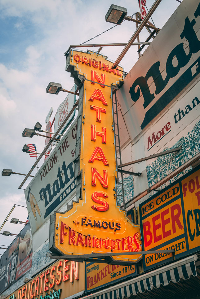 Nathans neon sign in Coney Island, Brooklyn, New York City.