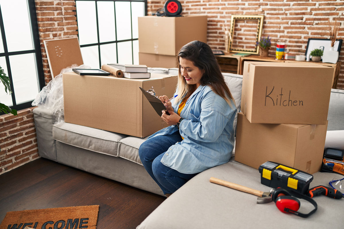 Young woman marking off checklist while sitting on sofa surrounded by boxes at new apartment.