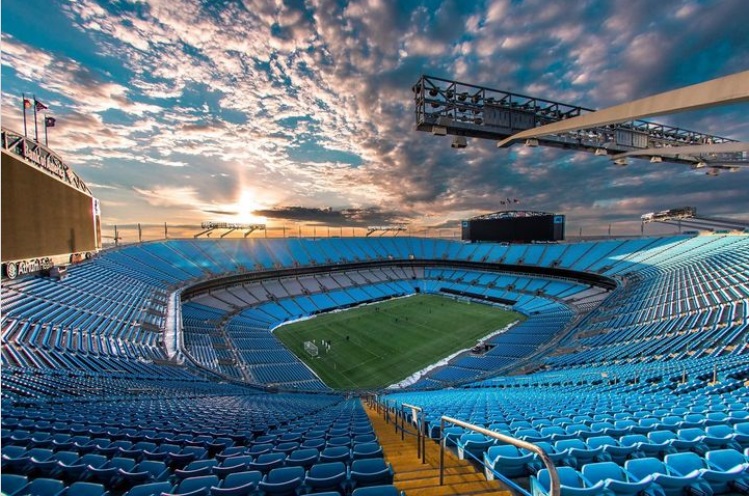 View from the upper seats looking down on the Bank of America Stadium during a Charlotte Football Club training camp.