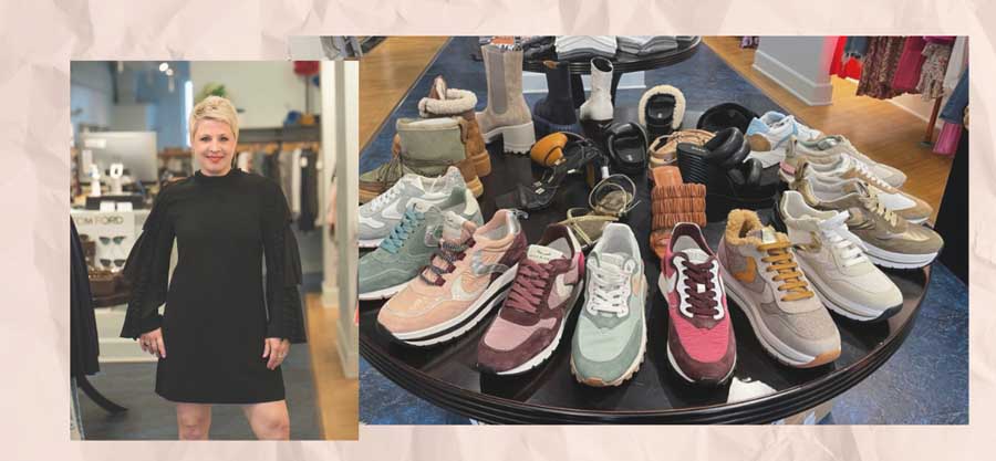Photo of Encounter Boutique owner Beth Harr, next to a shot of different fall shoes sold at the shop