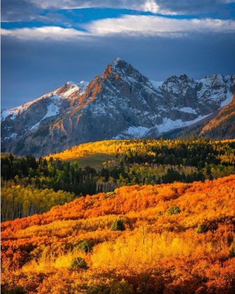 Hills of vibrant fall flora with Colorado mountains as the backdrop