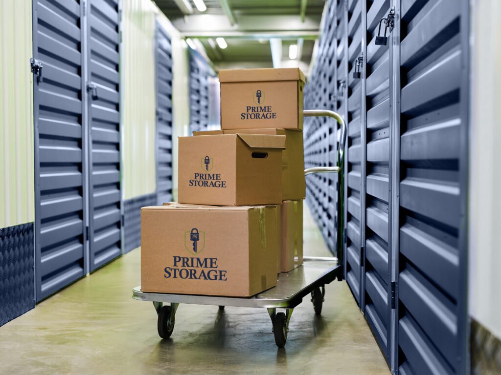 Prime Storage boxes on a handcart in a storage facility.