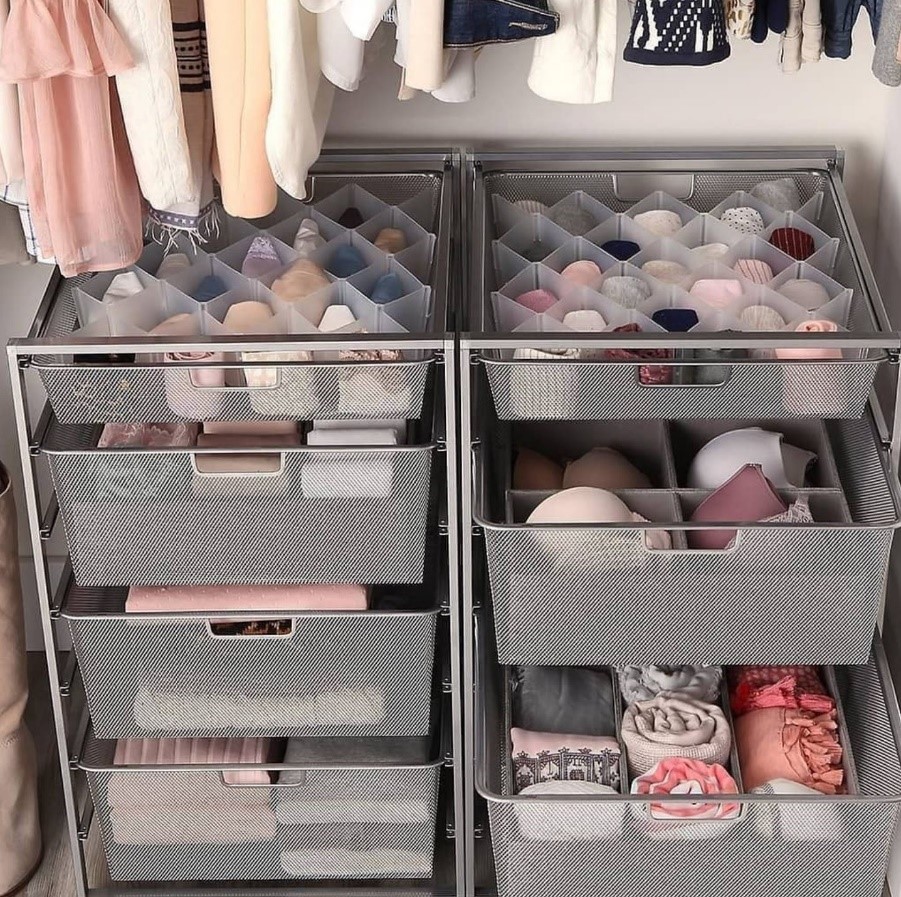 Pull-out bins used to declutter a closet