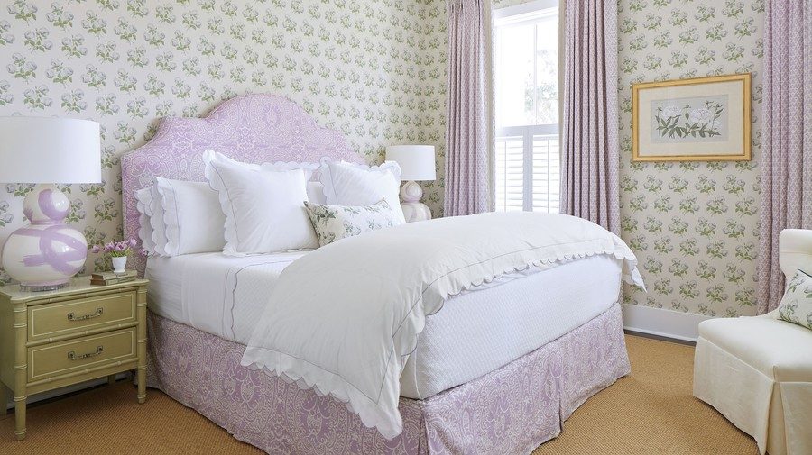 Purple bedroom with floral wallpaper