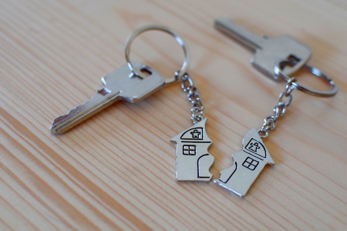 Two keys, each on a keyring with half a house keychain