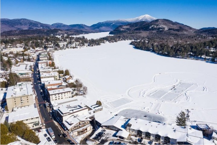 Aerial view of Lake Placid, NY, and the frozen Mirror Lake