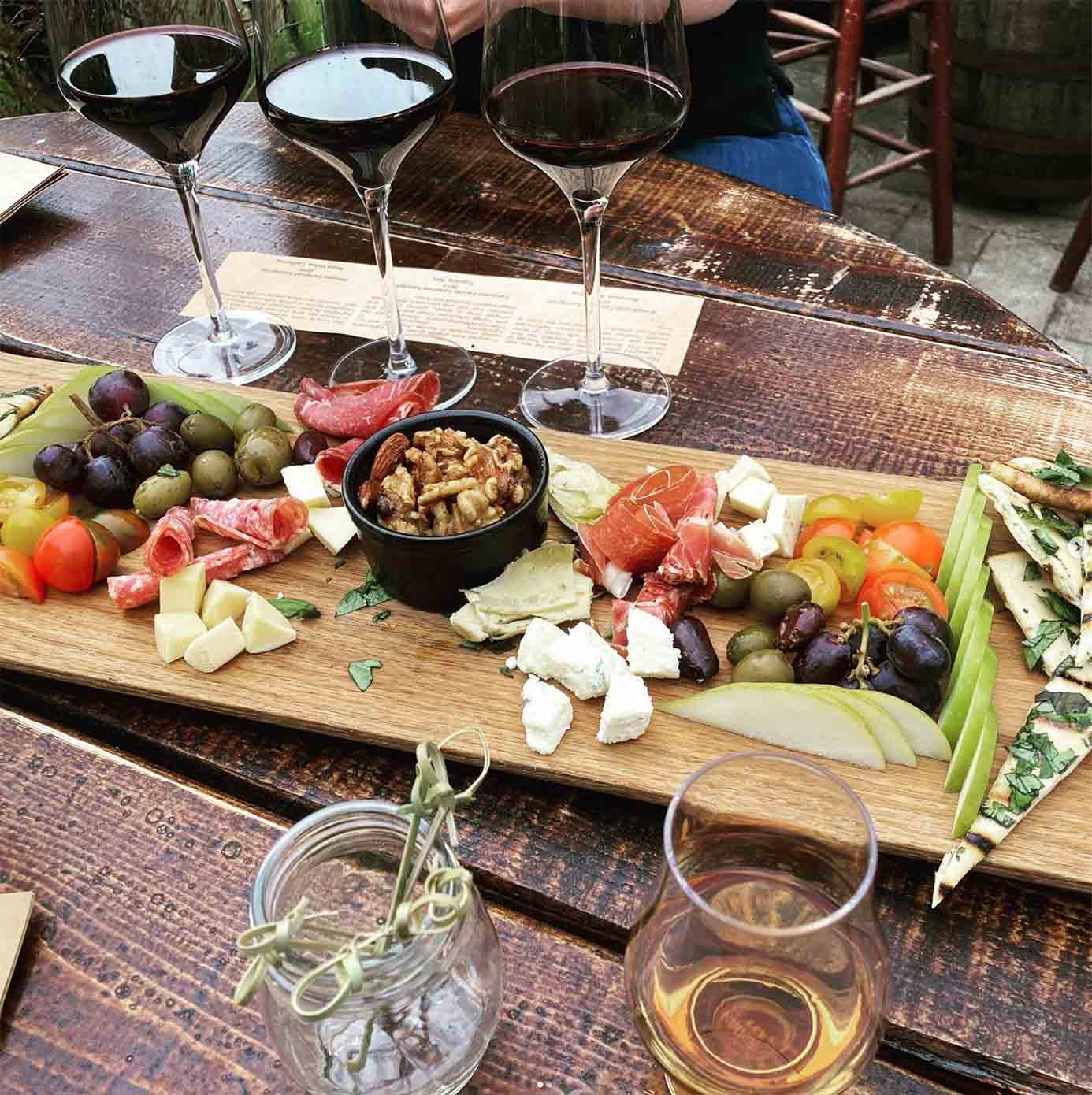 Charcuterie board and wine from The Mary Celeste Whiskey and Wine Library