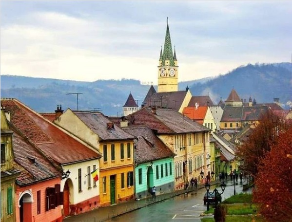 A street of centuries-old, colorful architecture in Transylvania