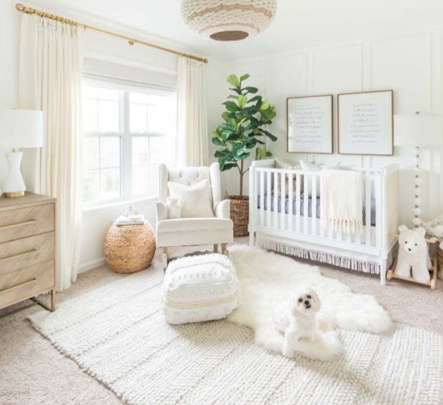All-white nursery with a puppy