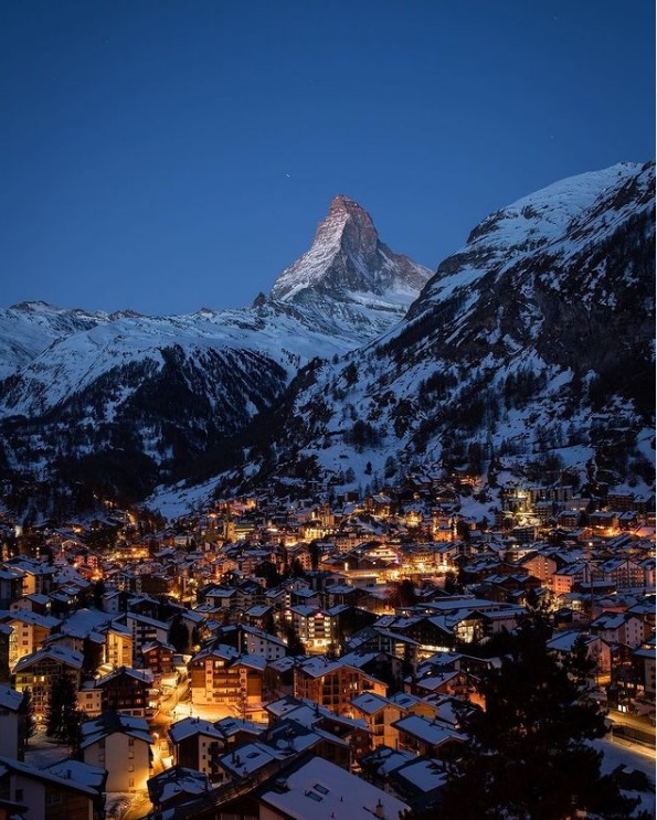 Aerial view of Zermatt, Switzerland, with the iconic Matterhorn peak in the background.