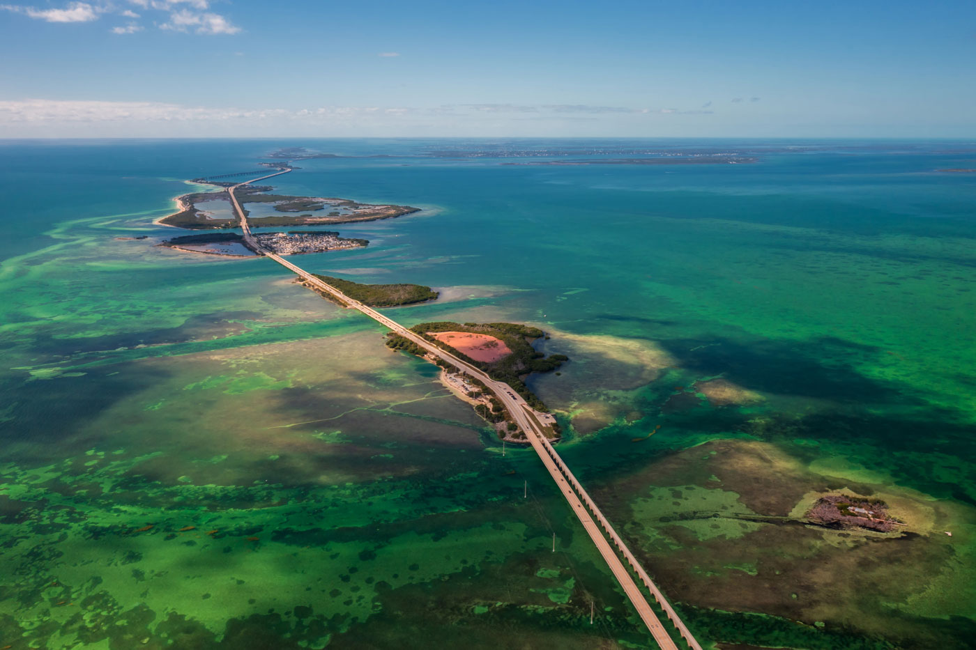 Aerial view of the Seven Mile Bridge passing through the Florida Keys