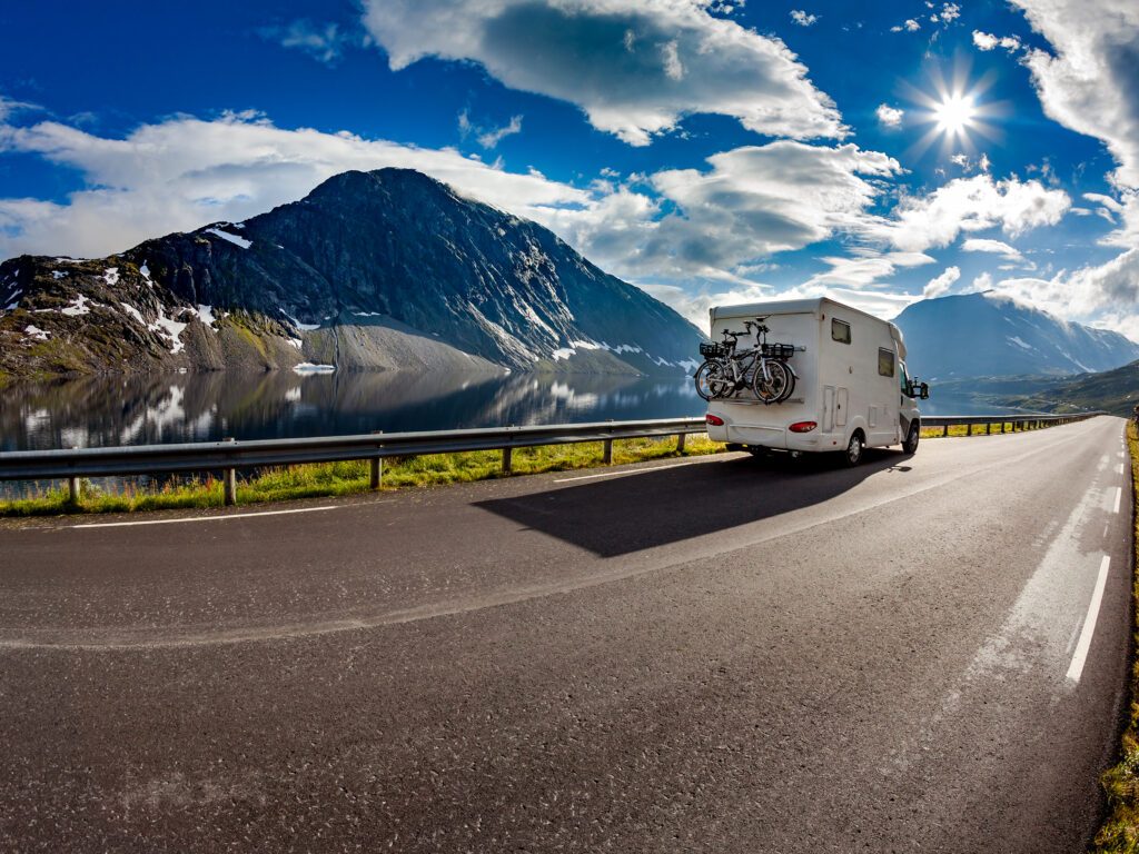 RV Camper driving through the mountains
