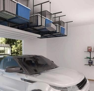 Overhead storage containers for garage organization and better vehicle storage