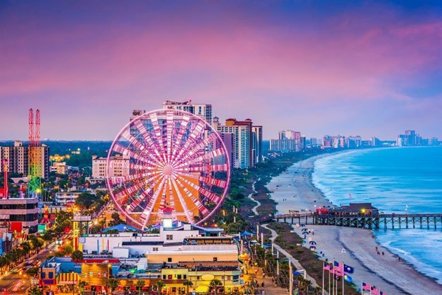 a view of the Myrtle Beach skyline at dusk