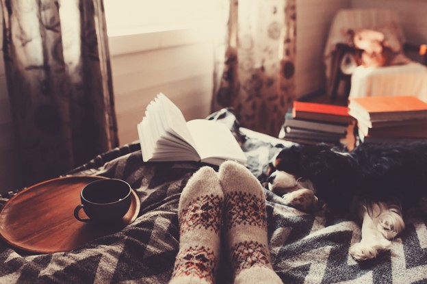 A shot of someone's feet in slipper socks on top of a cozy blanket surrounded by books, a cup of tea, and a sleeping dog