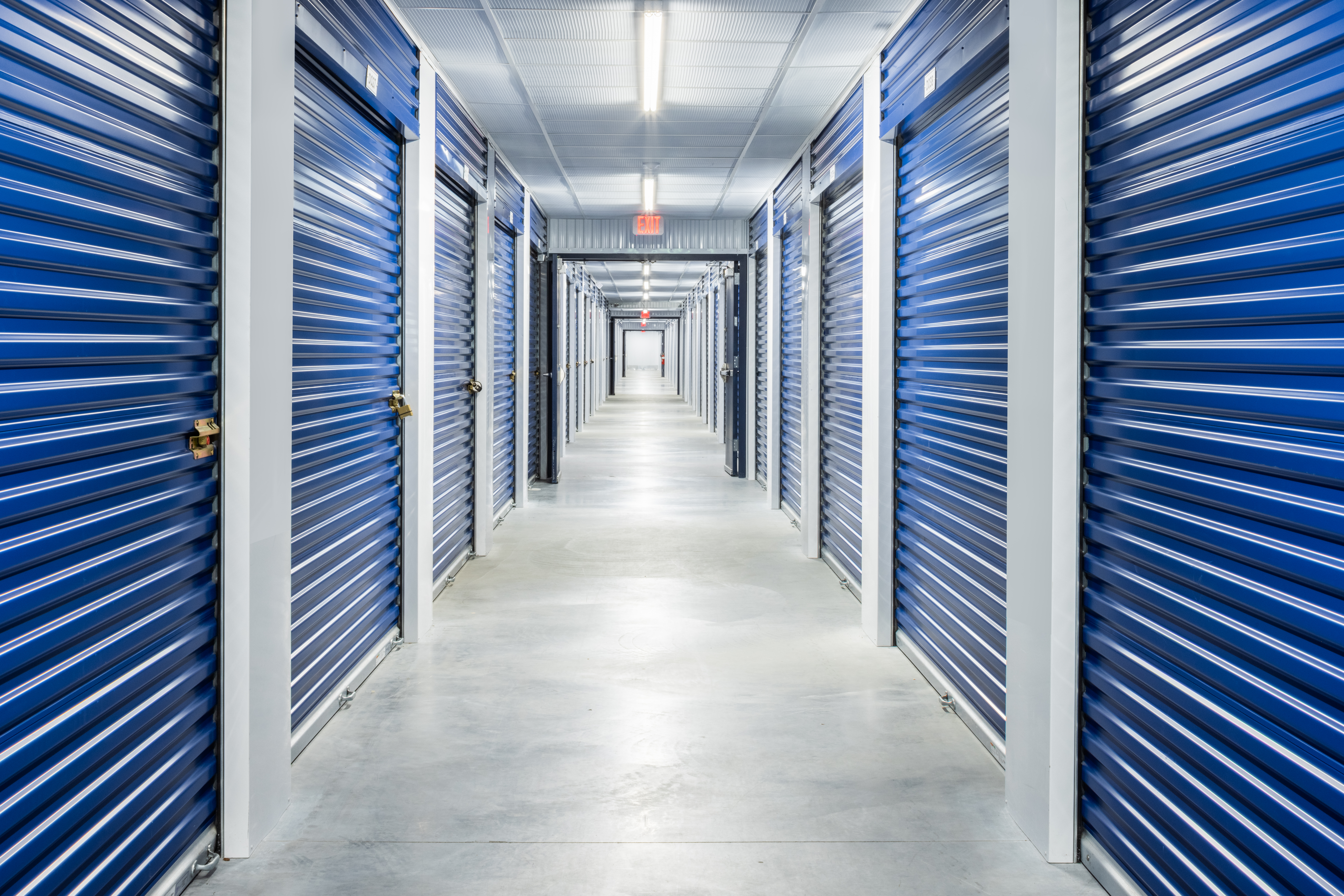 Hallway of climate controlled self storage units at Prime Storage.