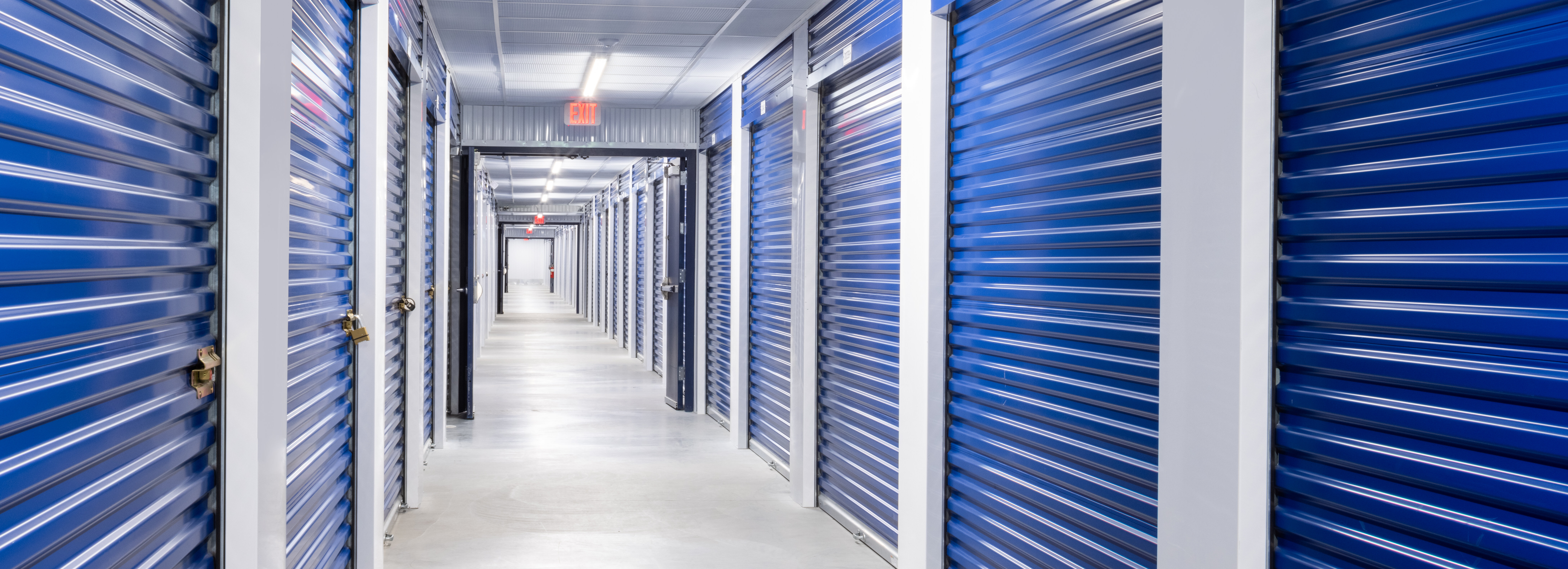 Hallway of self storage units at Prime Storage