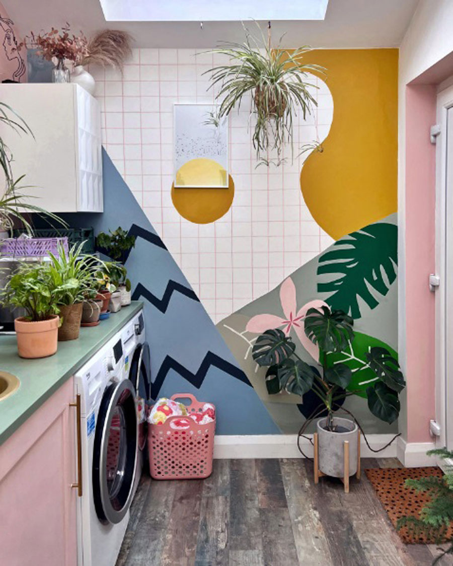 A bright laundry room with colorful and contemporary décor