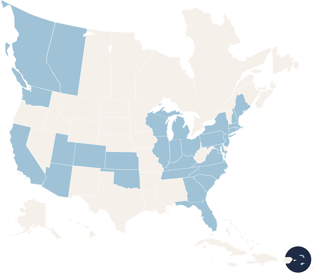 North America map with Prime location states and provinces colored in blue