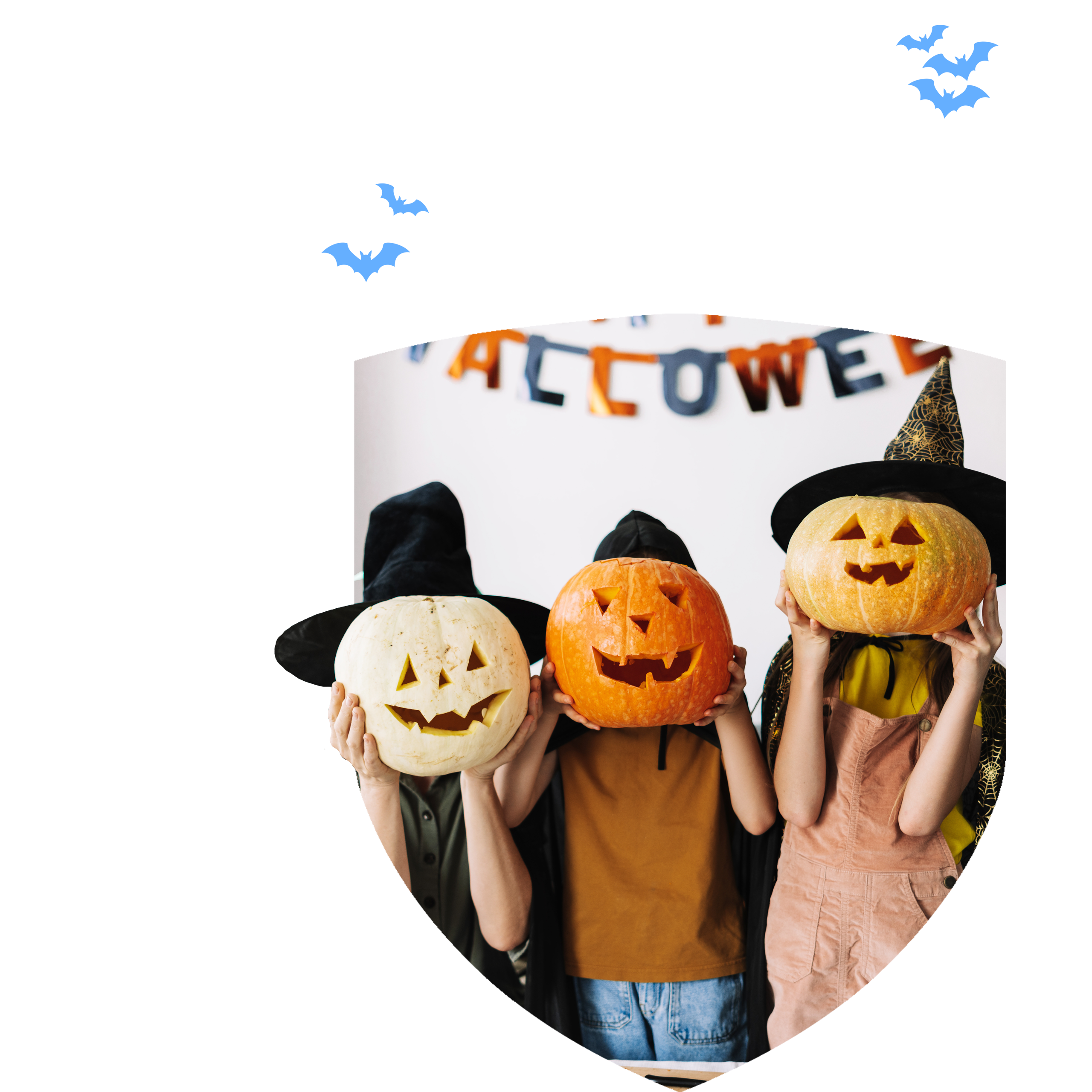 Three people wearing witch hats hold carved pumpkins over their faces in front of a Halloween banner, with the text ‘No Tricks, All Treats!’ and flying bat illustrations above.