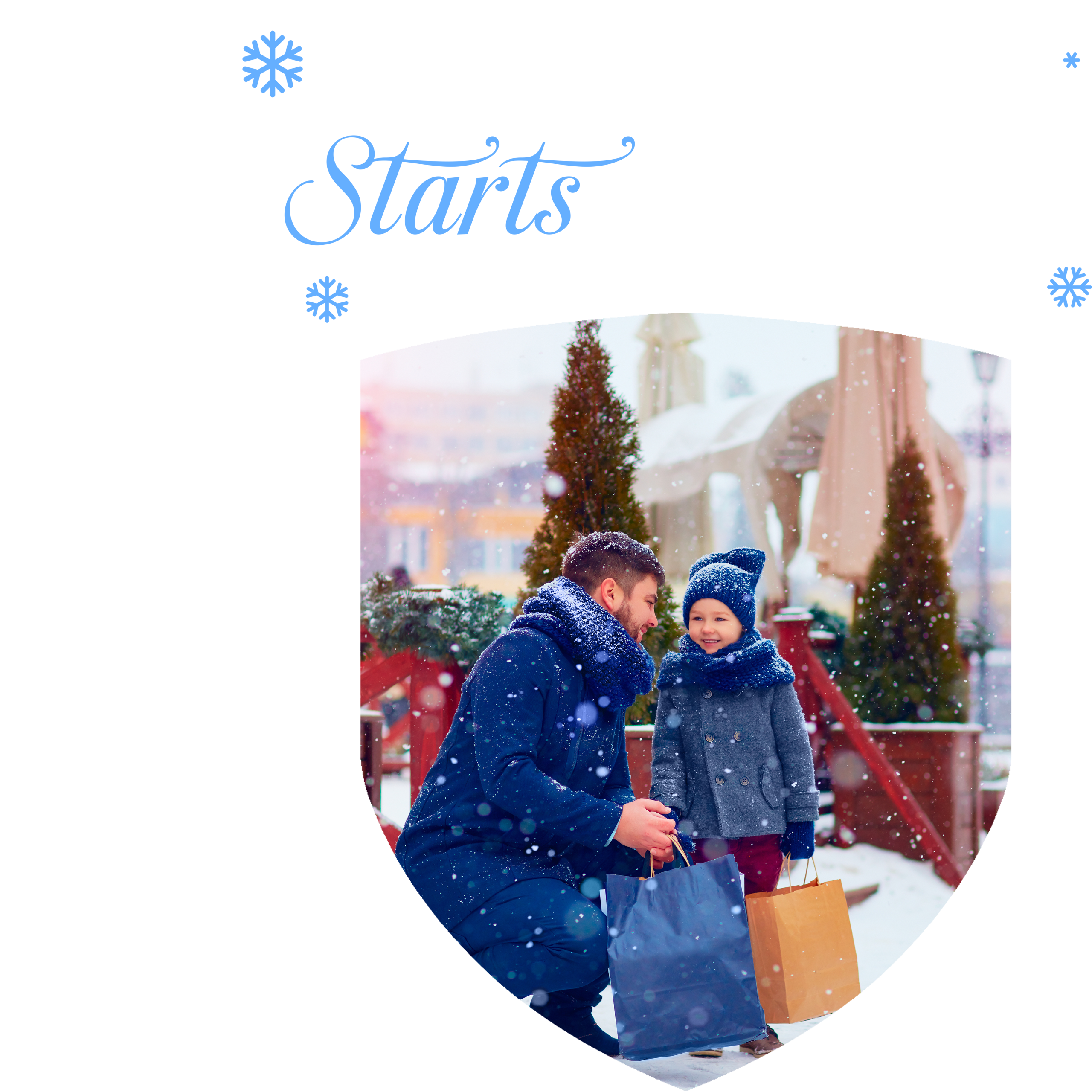 Father and child shopping in snowy winter scene with gift bags, featured in Prime Storage’s Cyber Monday preview announcing the sale starting at midnight on December 1st.
