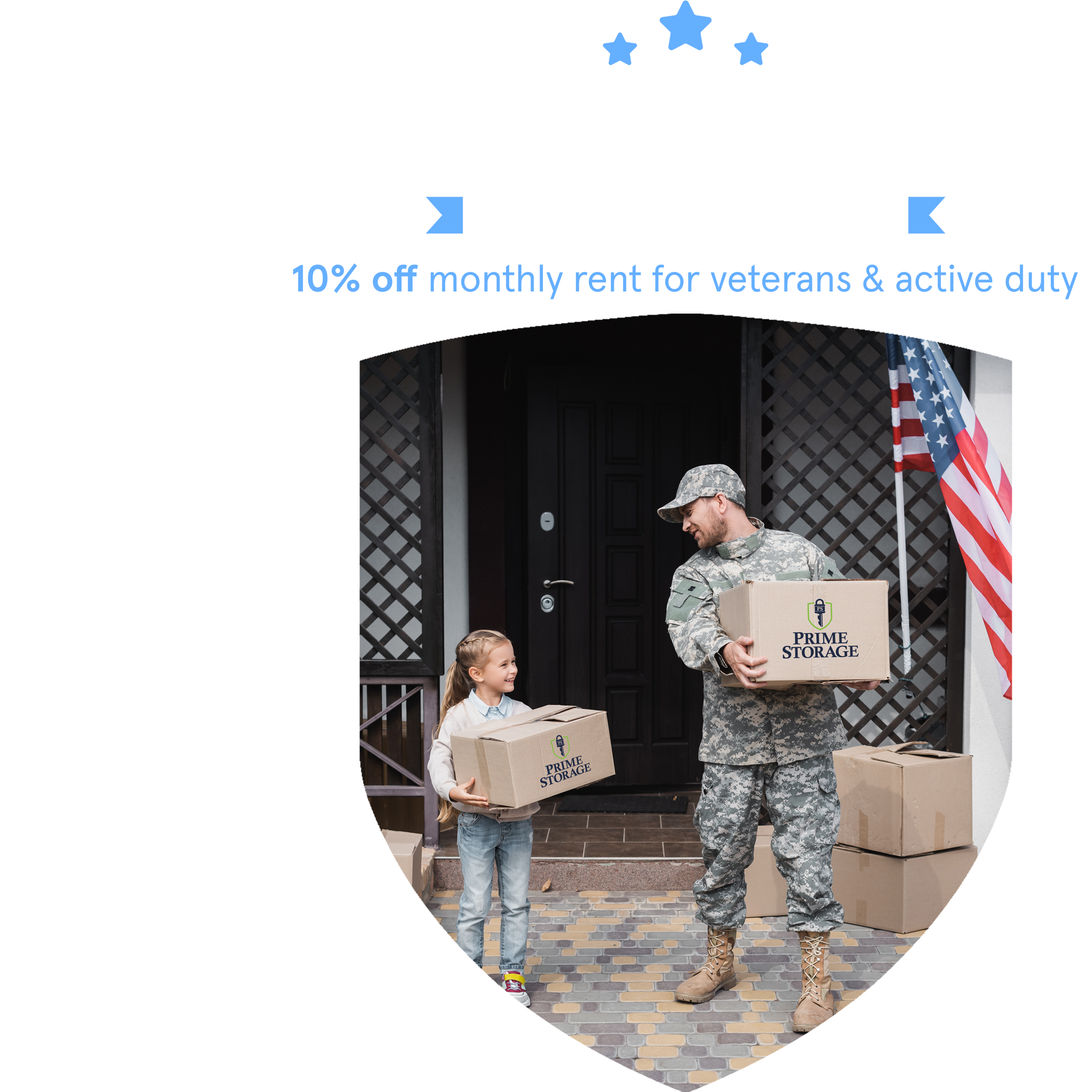 Military veteran carrying Prime Storage boxes with his daughter outside their home — 10% off monthly rent for veterans and active duty.
