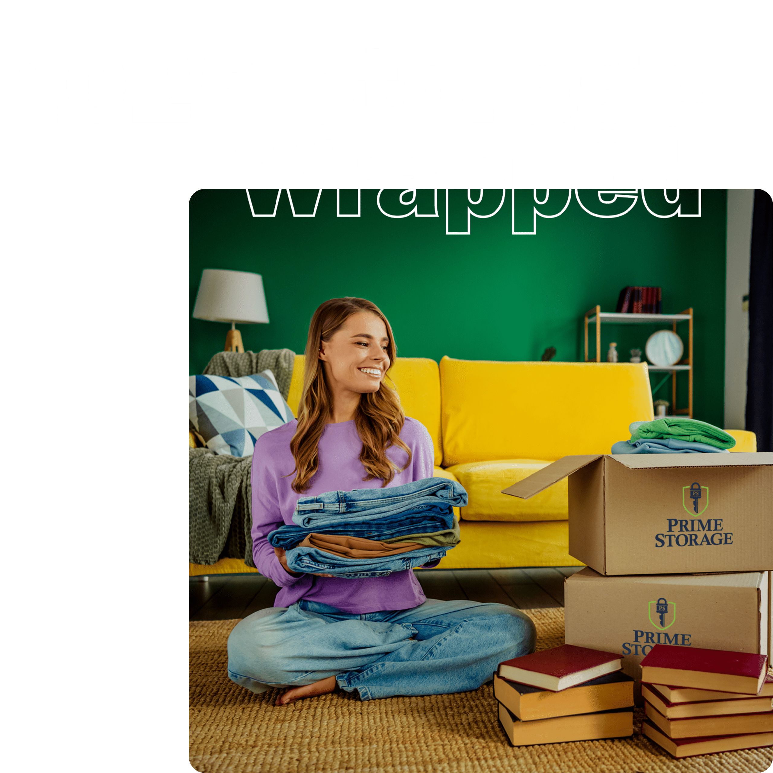 Woman sitting on the floor folding clothes beside Prime Storage moving boxes, with ‘2025 Storage Wrapped’ text promoting an end-of-year storage sale.