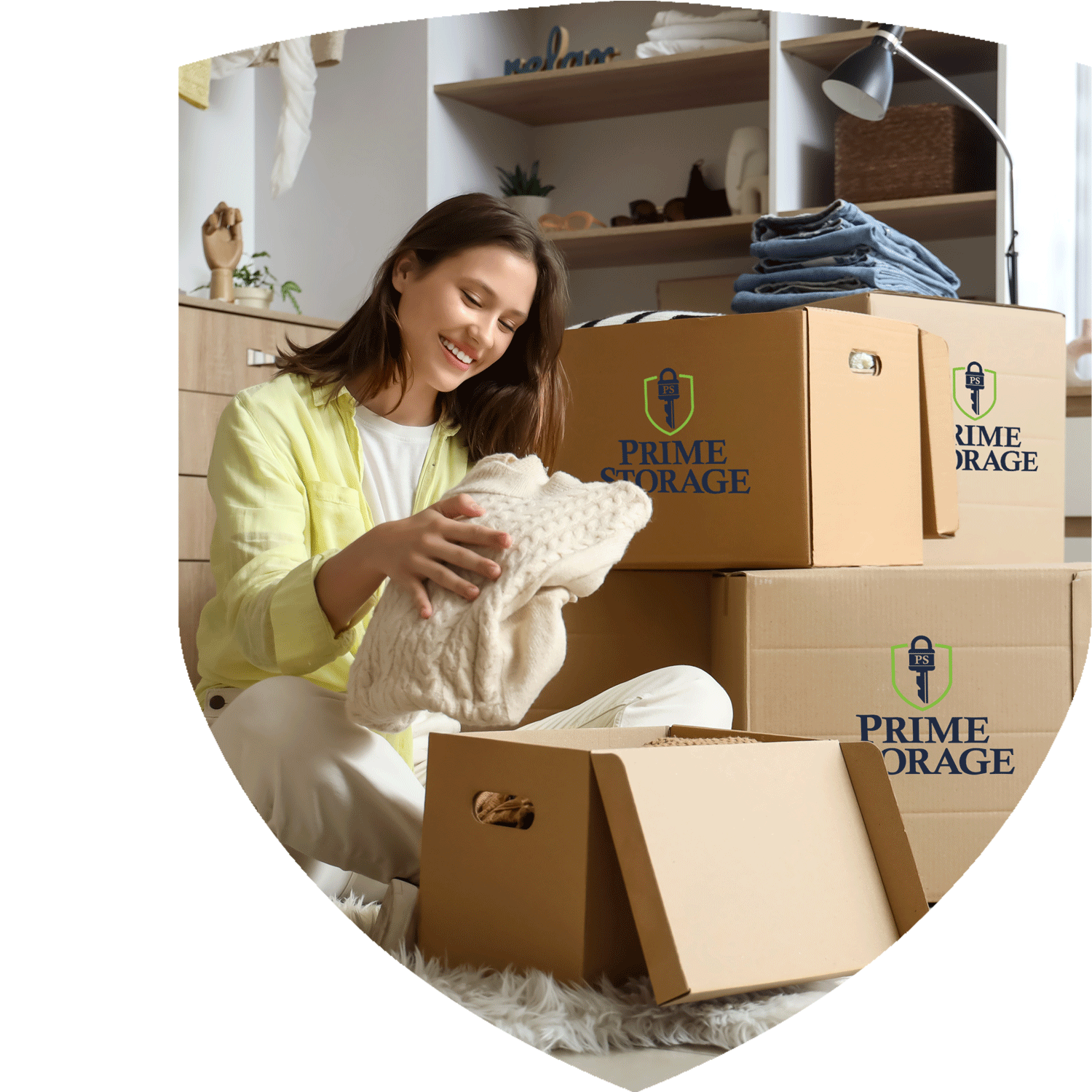 Woman organizing folded clothing into Prime Storage moving boxes inside a home.