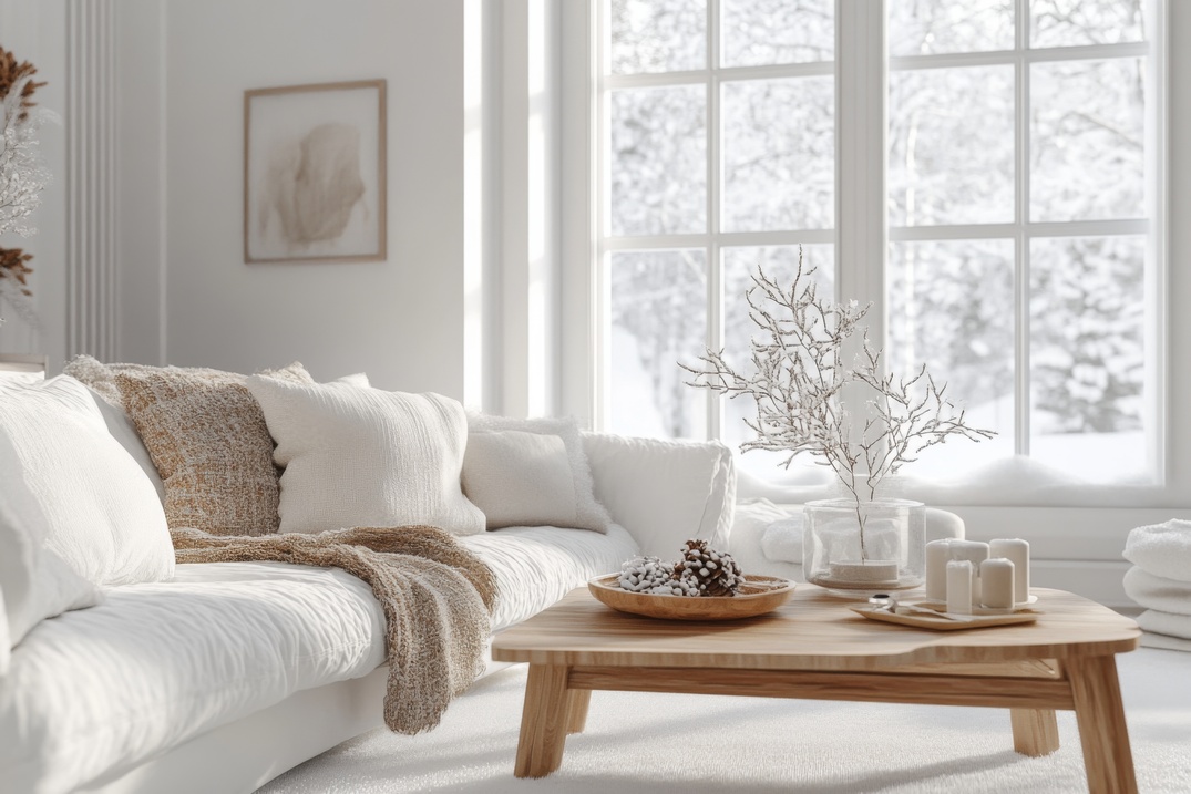 Bright, cozy living room with neutral furniture, folded blankets, and winter décor, representing an organized home during winter storage season.