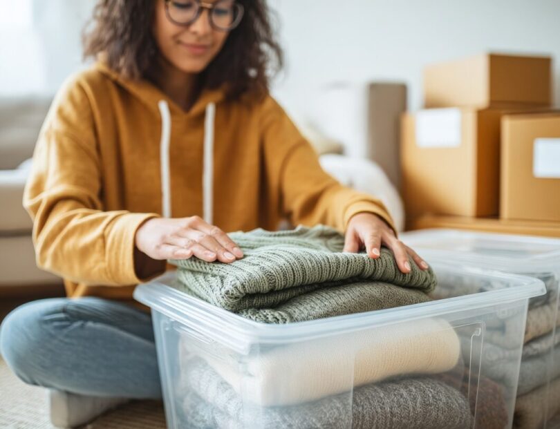 Woman sitting on the floor folding sweaters into a clear plastic storage bin, with packed moving boxes in the background.